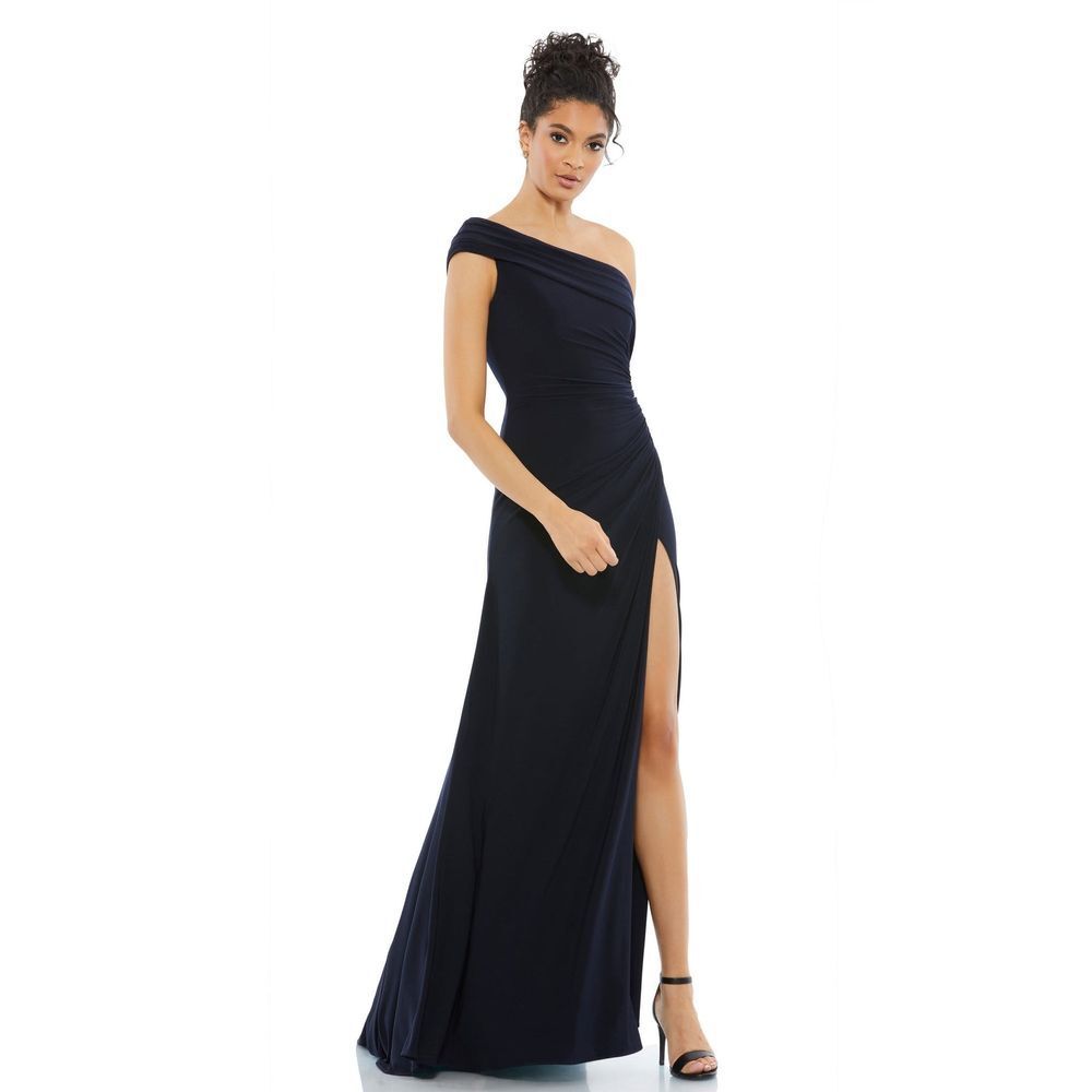 Mac Duggal Ieena NEW Navy Foldover Off-the-Shoulder Slit Jersey Gown - Size 16 - Picture 2 of 15